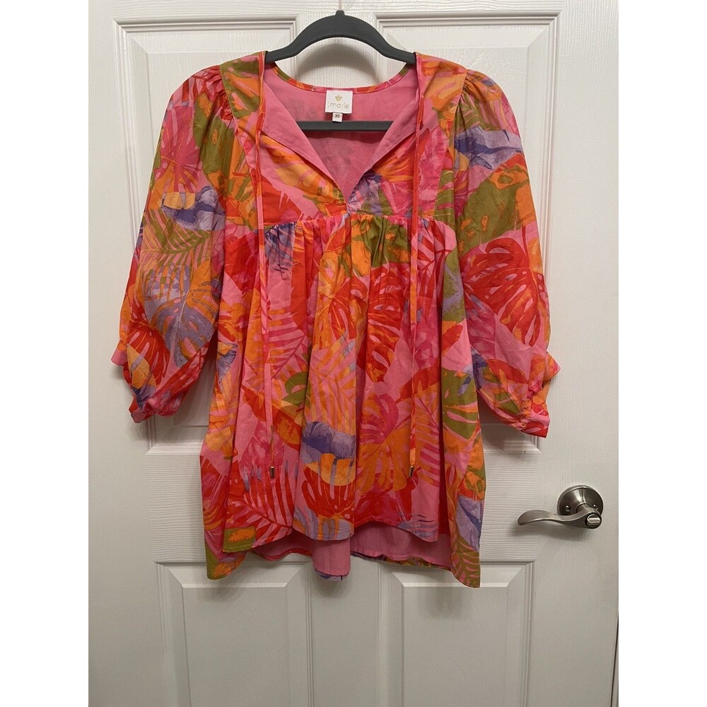 J. Marie Pink Floral Quarter Sleeve Top XS Tropical Monstera Cotton